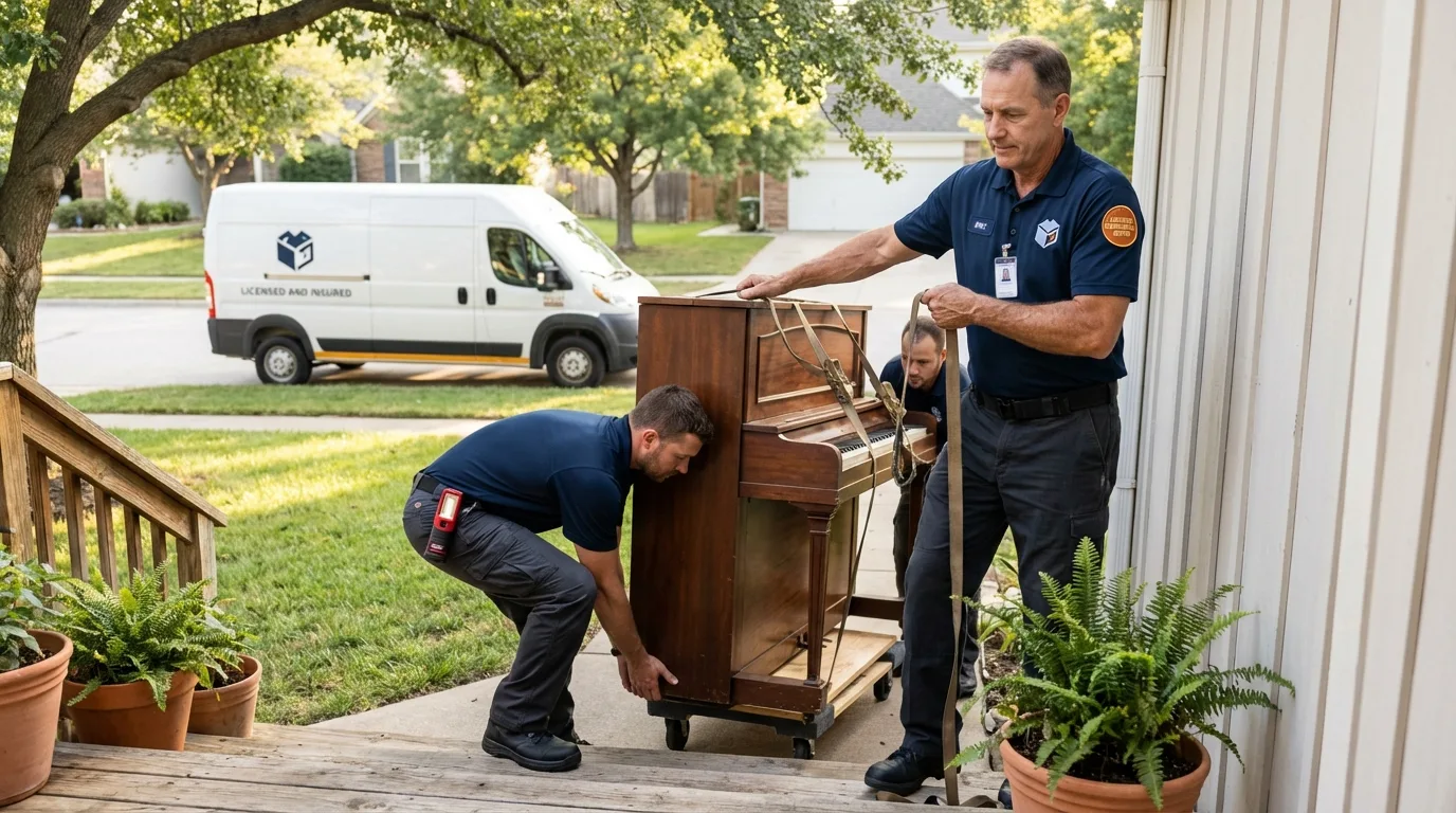 Licensed piano movers securing grand piano in Gilcrest, CO