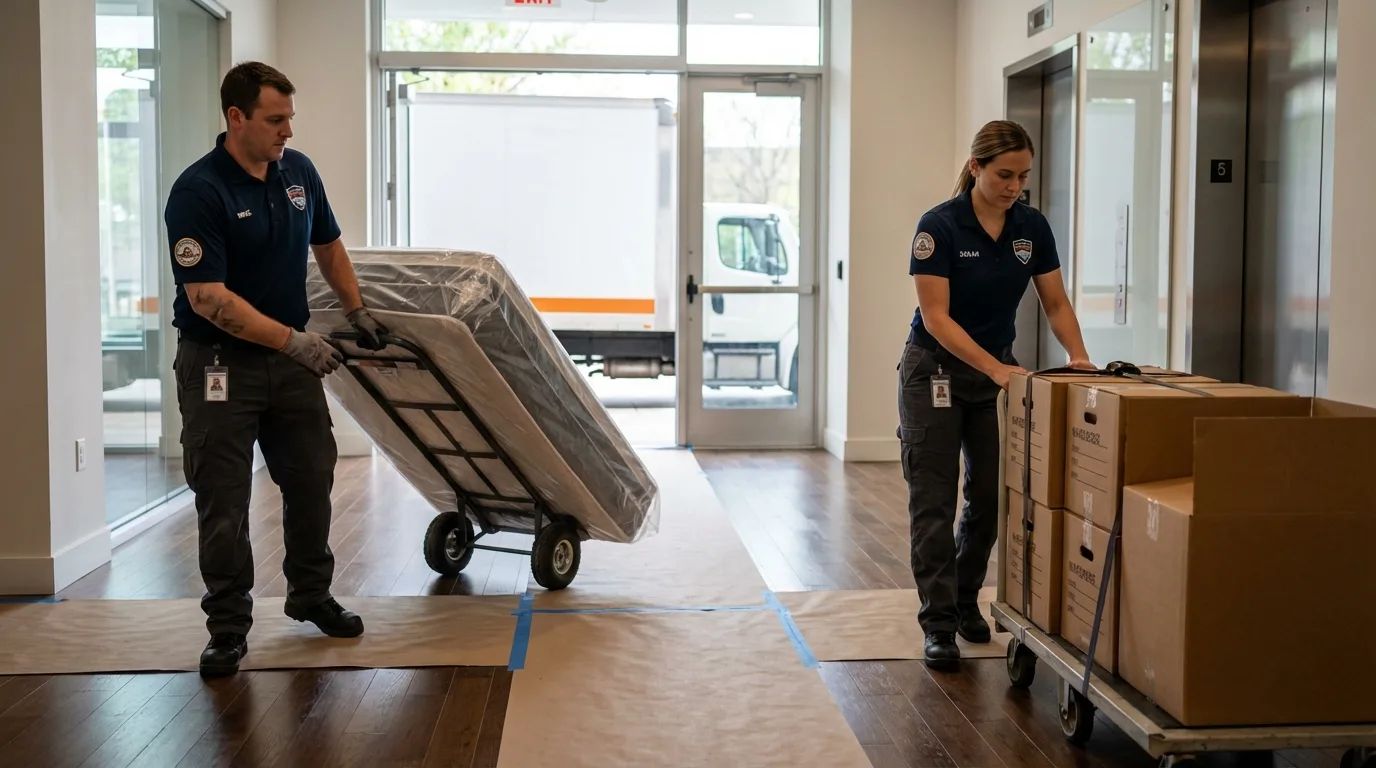 Professional apartment movers loading elevator in Gilcrest, CO
